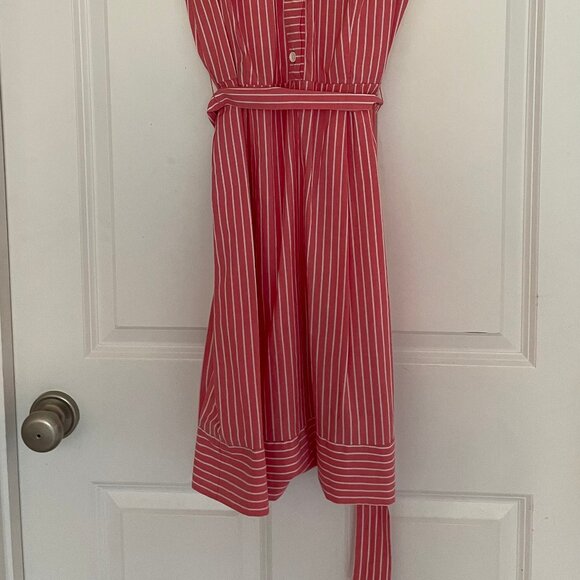 Red white striped collared summer shirt dress with tie belt, sleeve - Picture 2 of 3